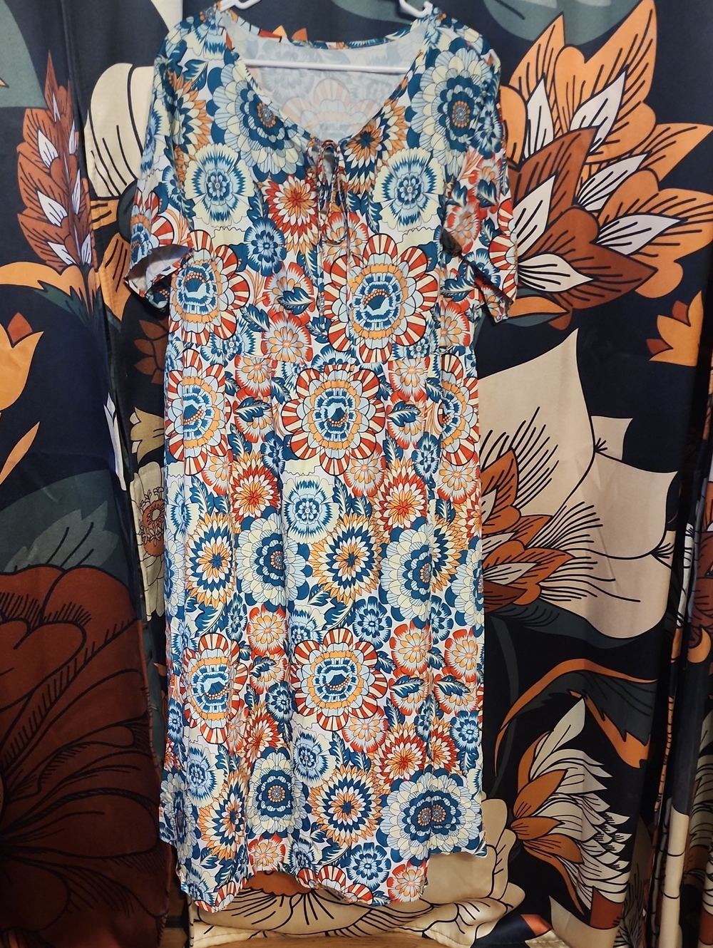 SHEIN Blue White and Orange Floral Short-Sleeve Dress